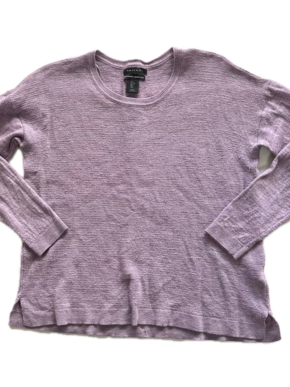 Tahari Fine Merino Wool Button Detail Lavender Sweater Round Neck Slit Large